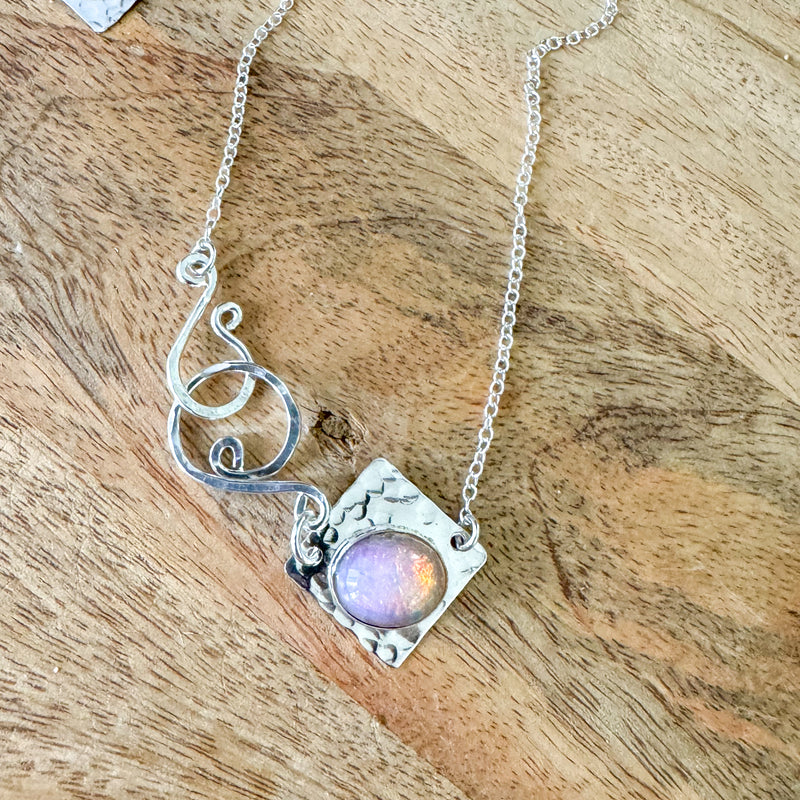 Diamond pink opal with side clasp necklace